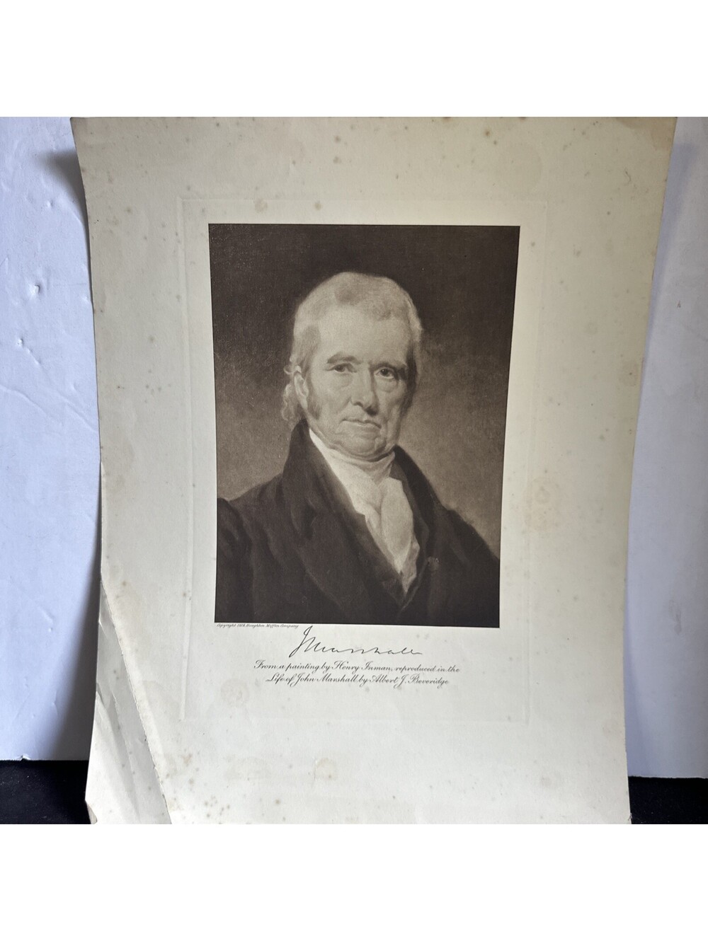 Vintage 1948 John Marshall Portrait Henry Inman Houghton Mifflin 13x10 Print